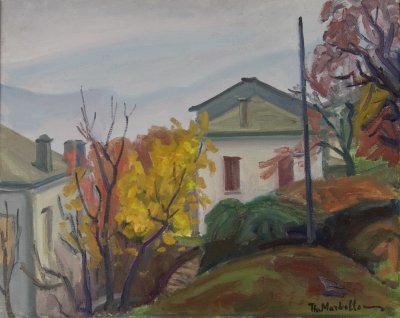 The House Above the Hotel — Oil painting, Fiberboard, 40.00×50.00cm — Theodoros Markellos